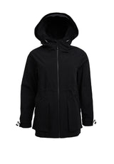 HELIO Mid Windbreaker Black front view featuring a hood and zippered pockets, perfect for all-weather protection.