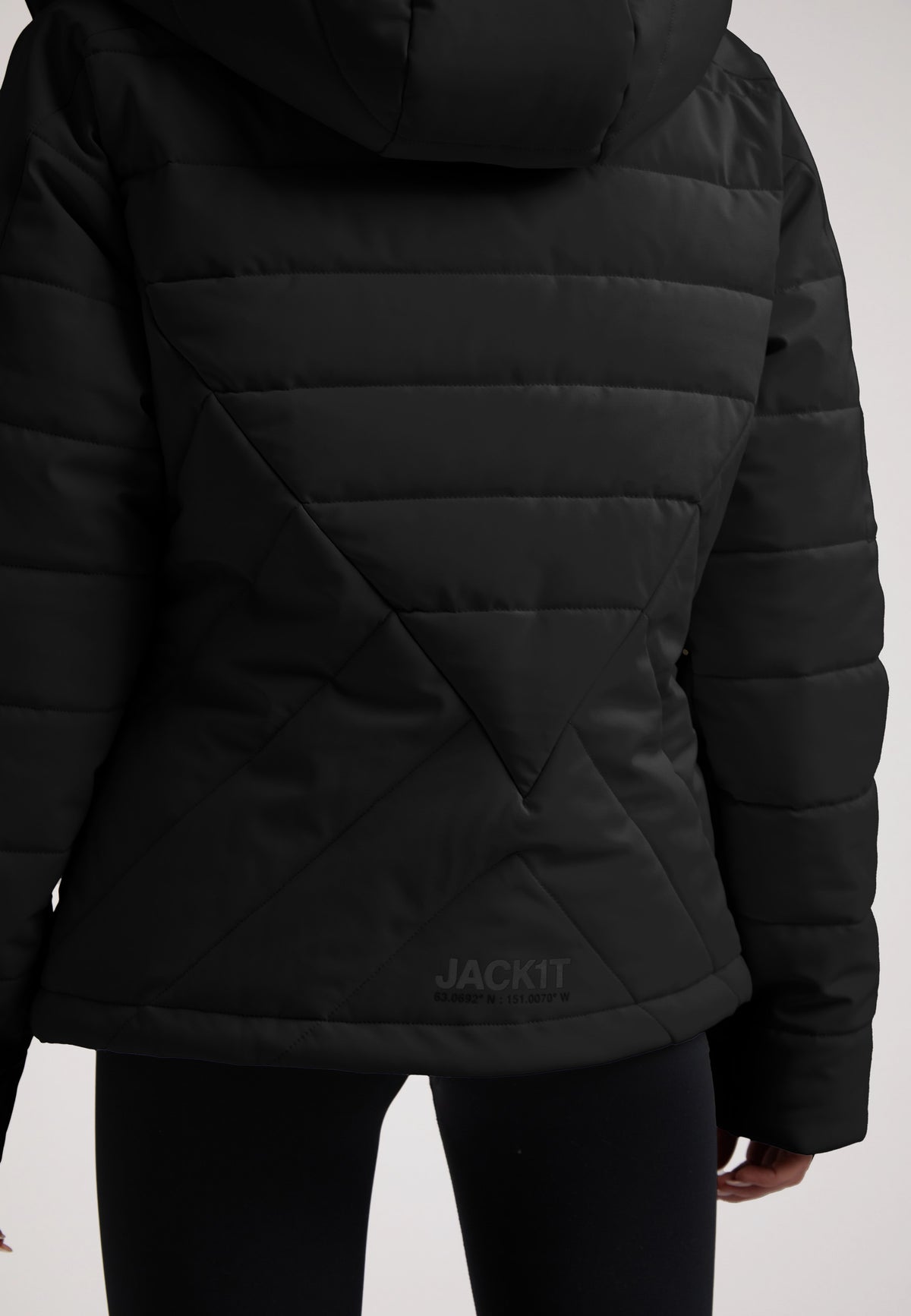 ISOTOPE Padded Jacket Black, back view, featuring windproof construction and stylish design.
