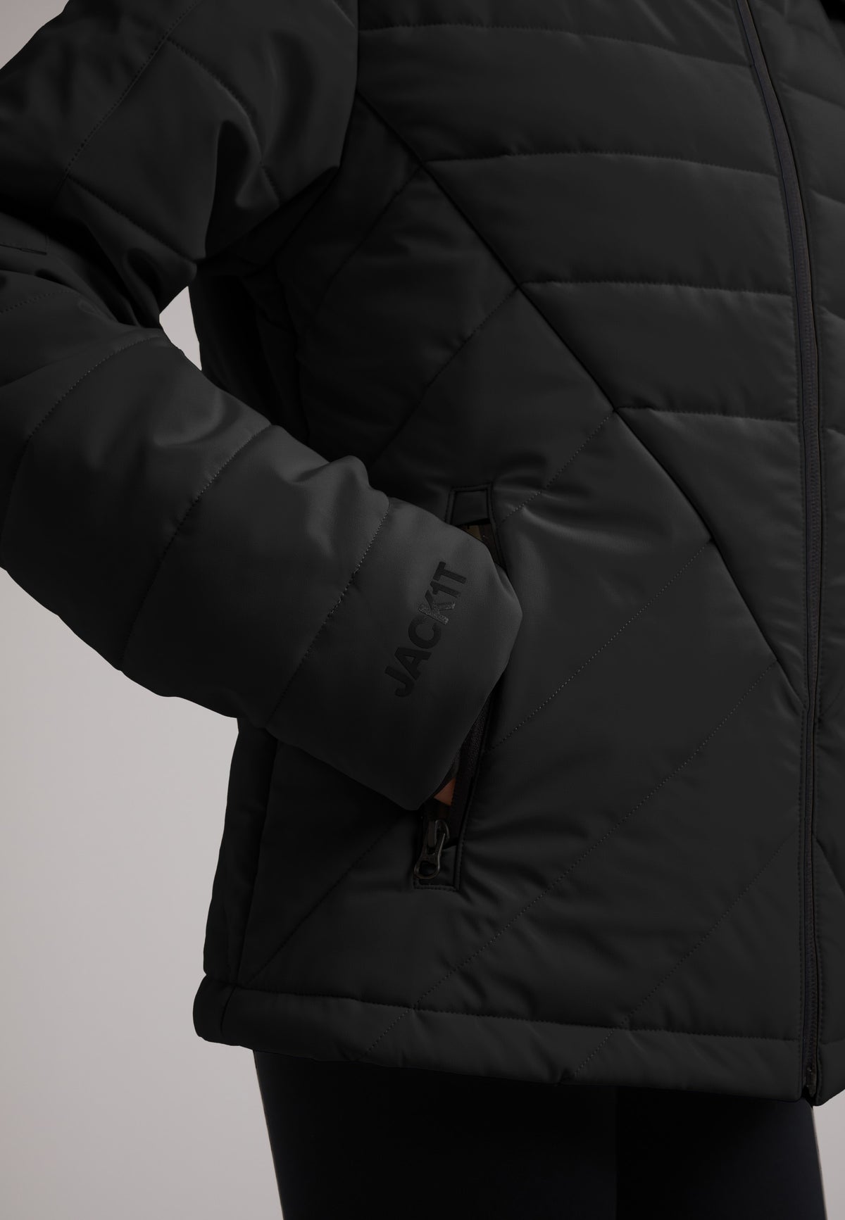Close-up of the ISOTOPE Padded Jacket Black showcasing the windproof design and practical zippered pockets.