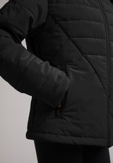 Close-up of the ISOTOPE Padded Jacket Black showcasing the windproof design and practical zippered pockets.