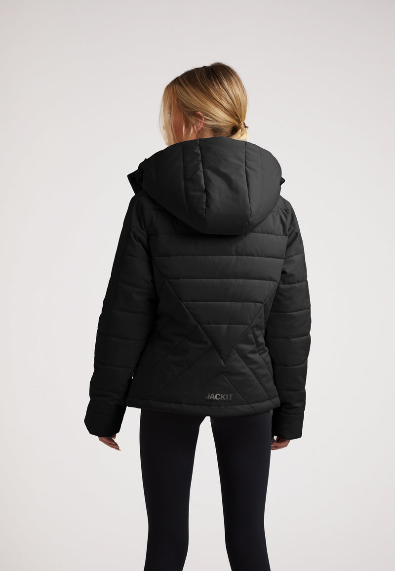 ISOTOPE Padded Jacket Black worn from the back, showcasing the adjustable hood and padded design.