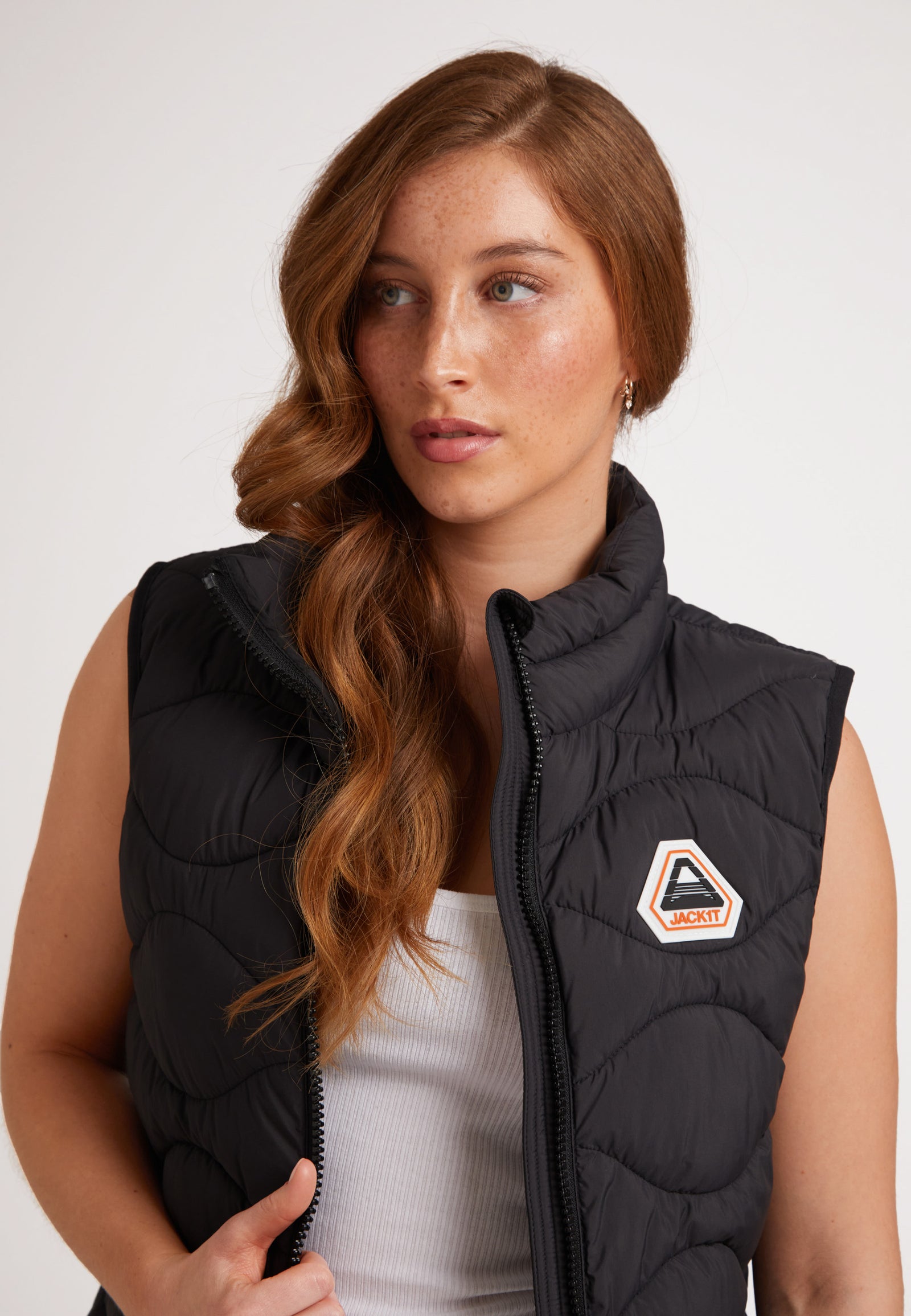 Model wearing ORB1T Quilted Gilet Black, showcasing stylish design and comfortable fit.