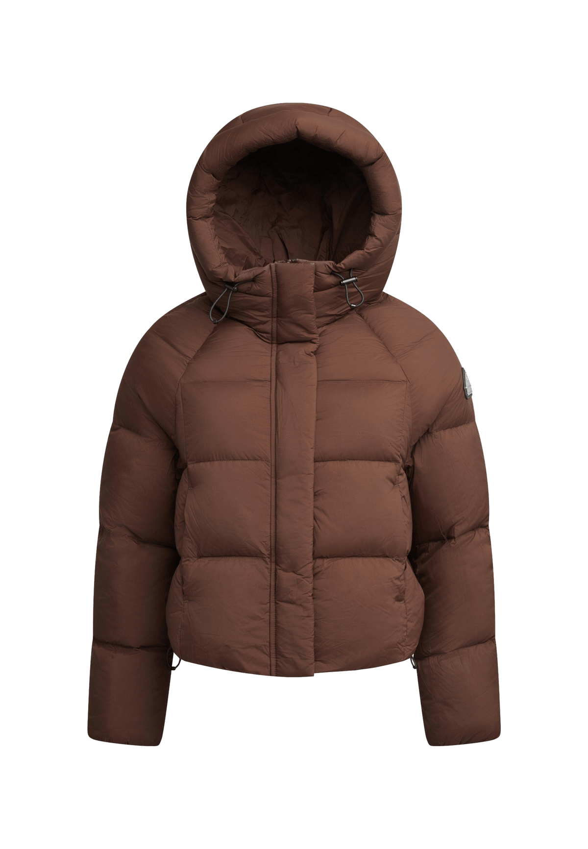 Cloud Crop Down Puffer Jacket Mocha, a stylish short puffer jacket women with oversized hood and lightweight insulation.