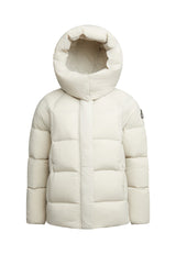 Cloud Prime Longline Down Puffer Jacket Stone with hood, featuring lightweight fabric and white color, perfect for winter wear.