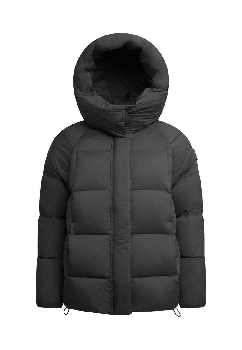 Cloud Prime Longline Down Puffer Jacket Black flat lay swatch