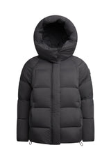Cloud Prime Longline Down Puffer Jacket in black, featuring a spacious hood and puffy insulation for warmth.