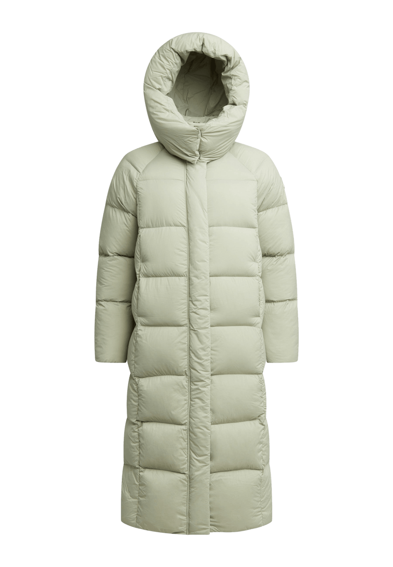 Cloud Ultra Long Down Puffer Coat Sage flat lay swatch
