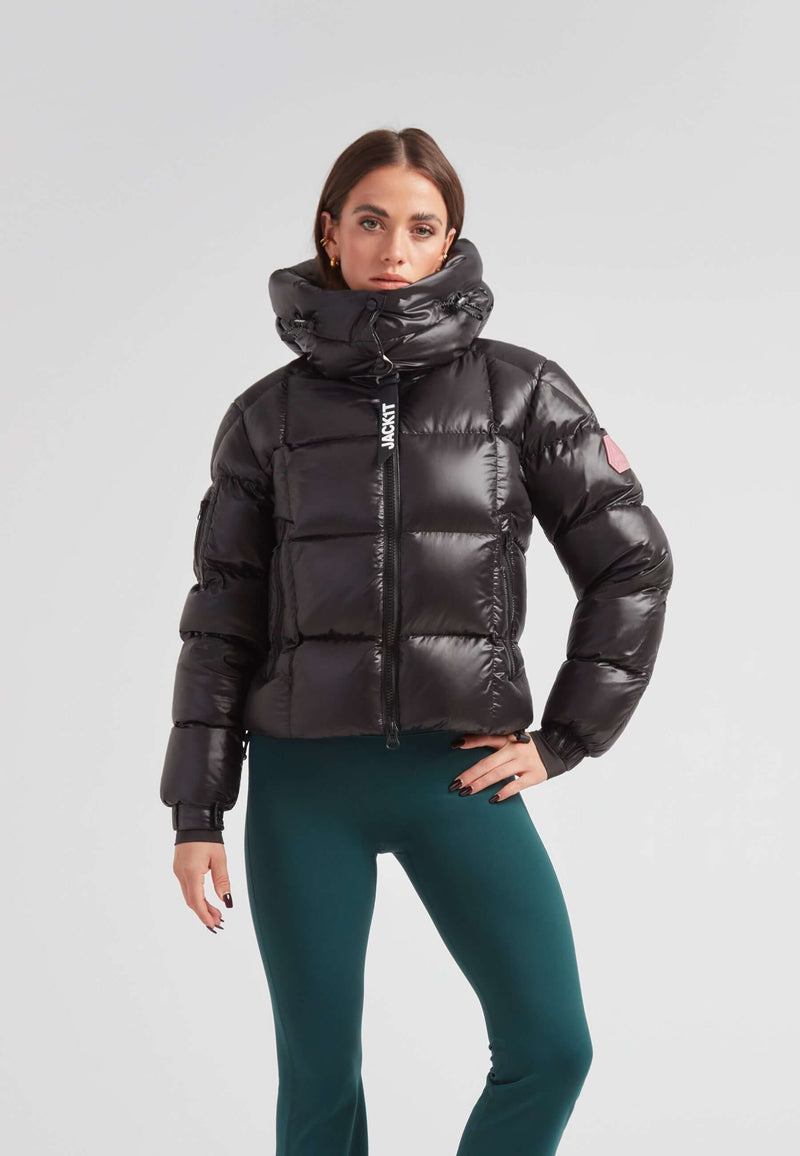 EZ Boxed Crop Down Puffer Jacket Lux Black displayed on a model, showcasing its stylish design and warm features.