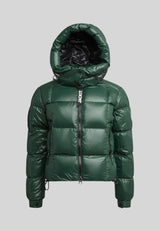EZ Boxed Crop Down Puffer Jacket Lux Emerald in green, featuring a hood and puffy design for winter warmth.