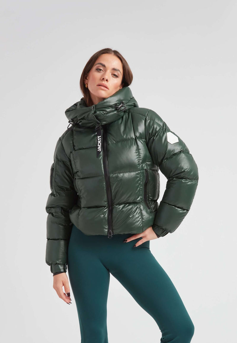 Model wearing EZ Boxed Crop Down Puffer Jacket in Lux Emerald, showcasing a stylish short puffer jacket women.