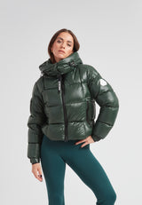 EZ Boxed Crop Down Puffer Jacket Lux Emerald shown on model with stylish design and modern proportions.