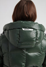 Back view of EZ Boxed Crop Down Puffer Jacket Lux Emerald showcasing its hood and sleek design.