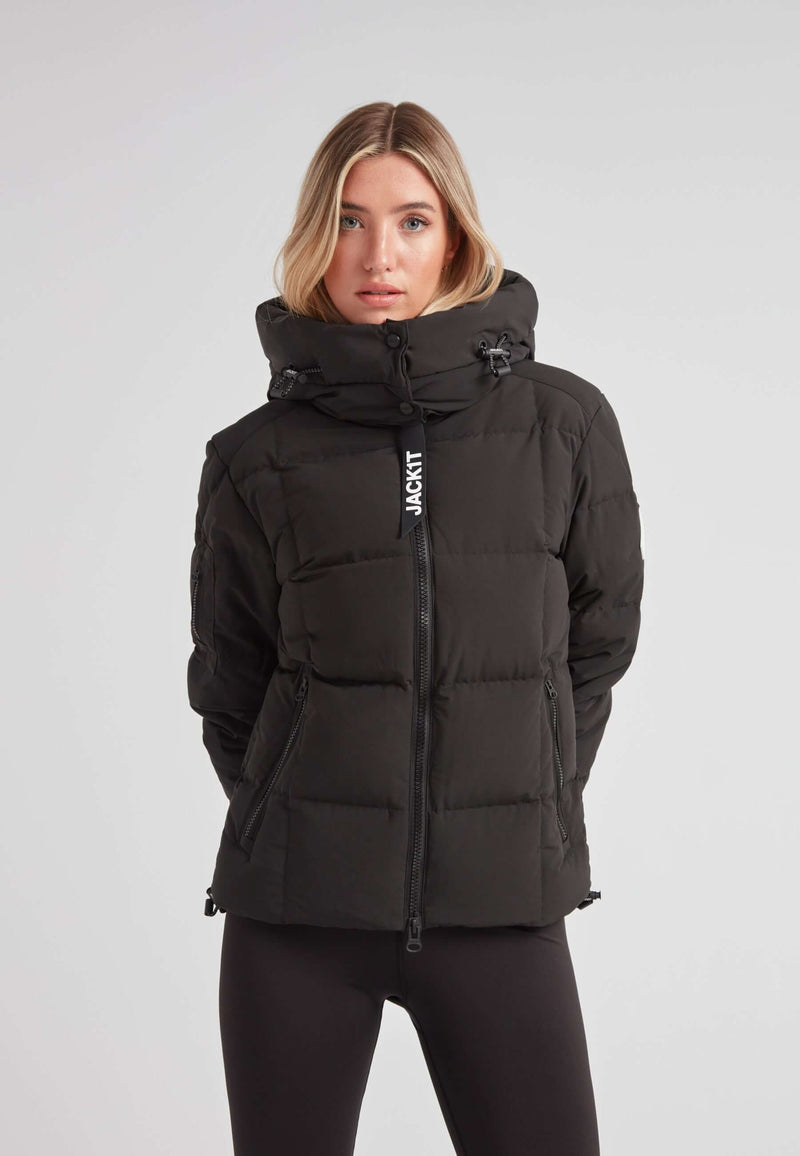 EZ Boxed Racer Down Puffer Jacket Matt Black displayed on model, showcasing sleek design and adjustable hood.
