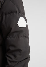 Close-up of the EZ Boxed Racer Down Puffer Jacket Matt Black showing the unique shoulder logo detail.