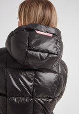Back view of EZ Boxed Racer Down Puffer Jacket Lux Black highlighting the quilted design and hood.