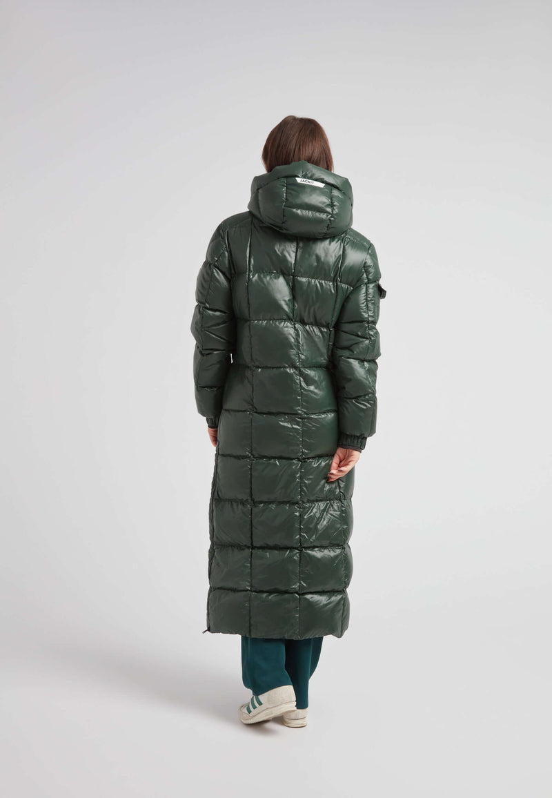 EZ Boxed Ultra Long Down Puffer Coat Lux Emerald showcased from the back, featuring glossy green shell and hood.