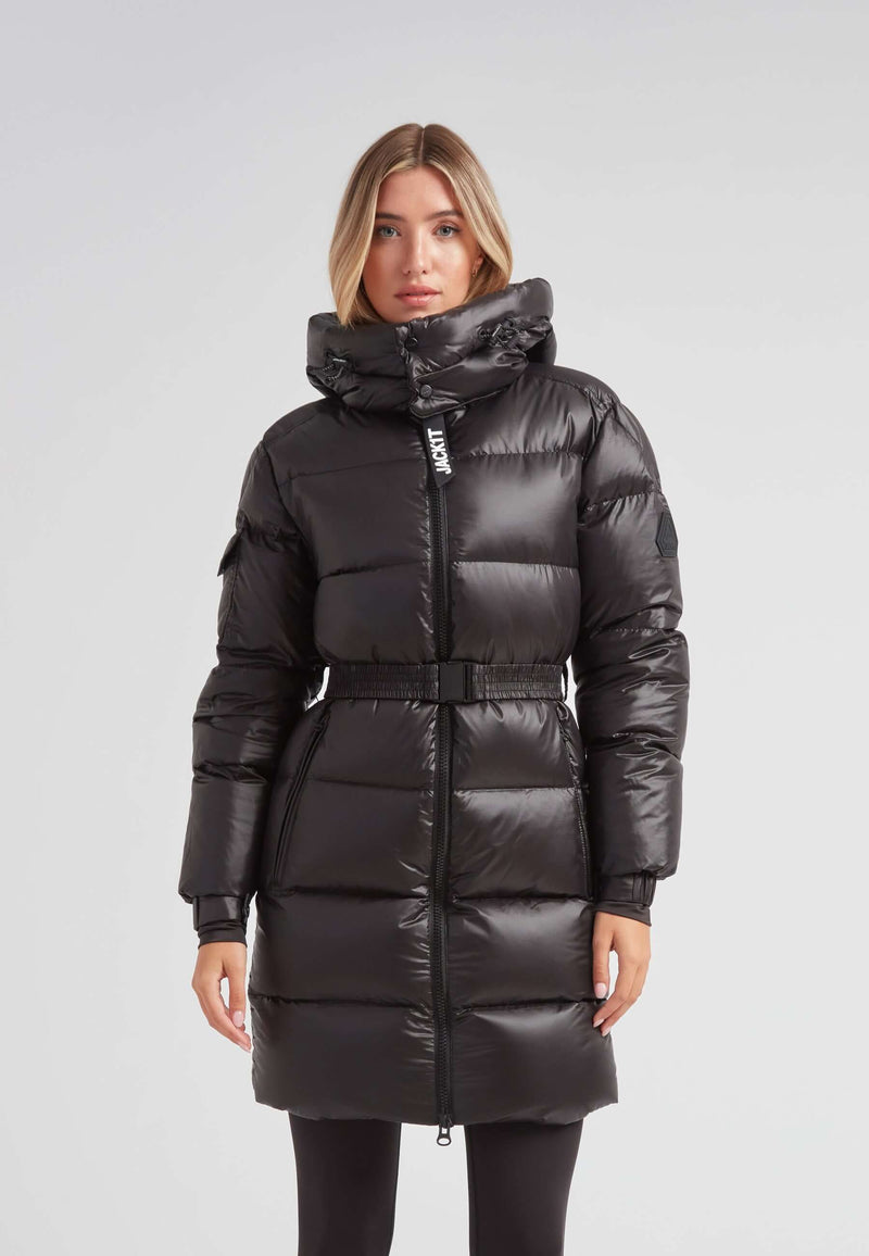 EZ Belted Down Puffer Coat Lux Black on a model showcasing winter fashion and style.