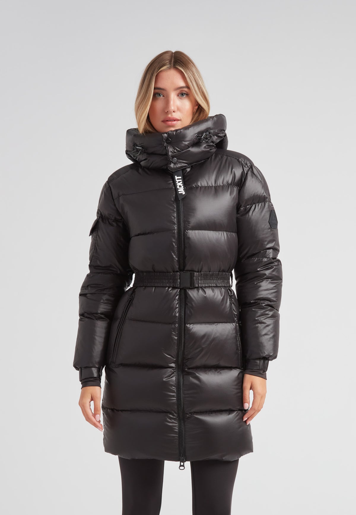 EZ Belted Down Puffer Coat Lux Black on a model showcasing winter fashion and style.