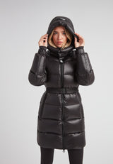 EZ Belted Down Puffer Coat Lux Black worn by a model, showcasing its stylish design and warm insulation.