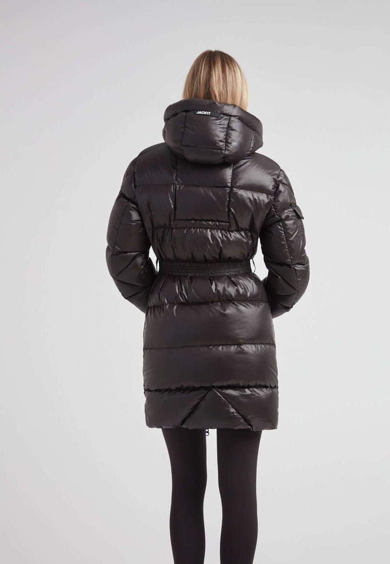 Back view of the EZ Belted Down Puffer Coat Lux Black showcasing its sleek design and stylish silhouette.