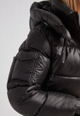 Close-up of EZ Belted Down Puffer Coat Lux Black showcasing the sleek design and shiny fabric detail.