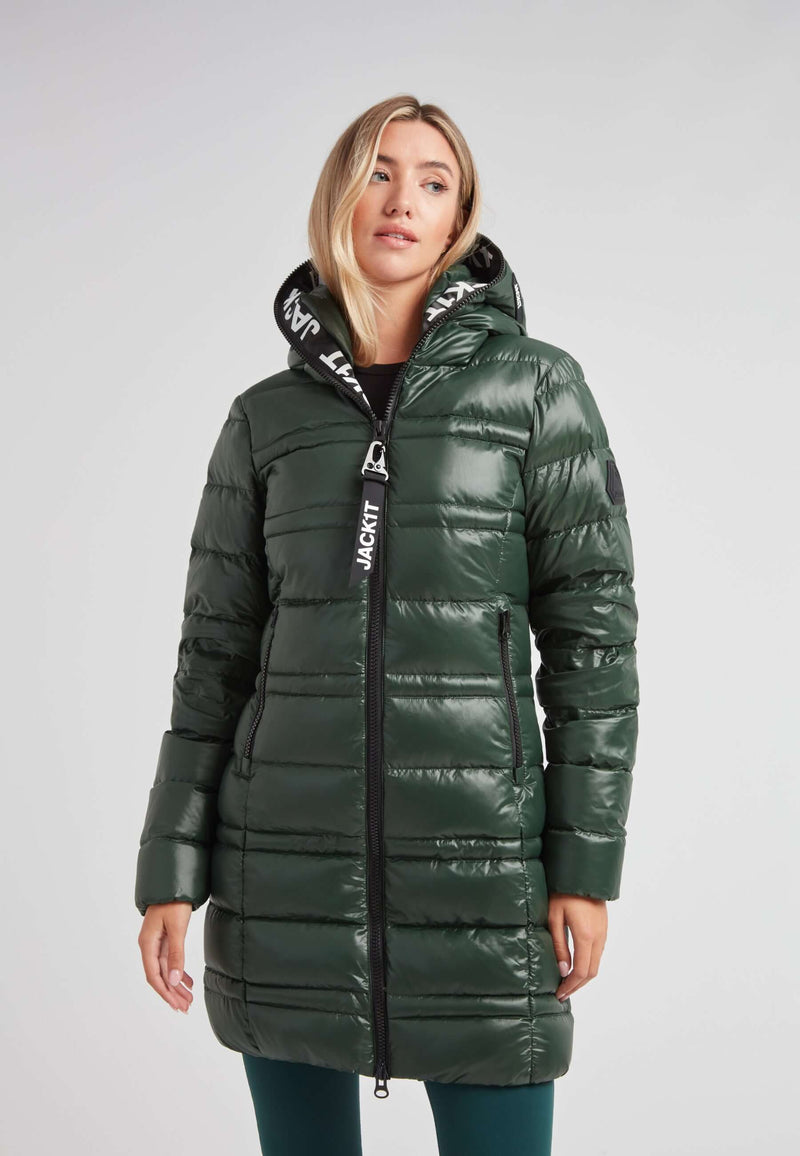 R4D Tramline Down Coat Lux Emerald showcasing its sleek design and structural style in green.