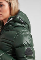 R4D Tramline Down Coat Lux Emerald in rich emerald color, showcasing down insulation and stylish design details.