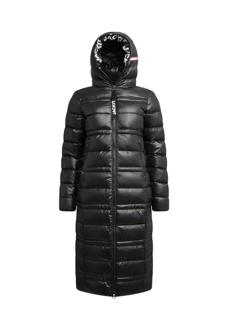 R4D Tramline Extra Long Down Coat Lux Black flat lay swatch