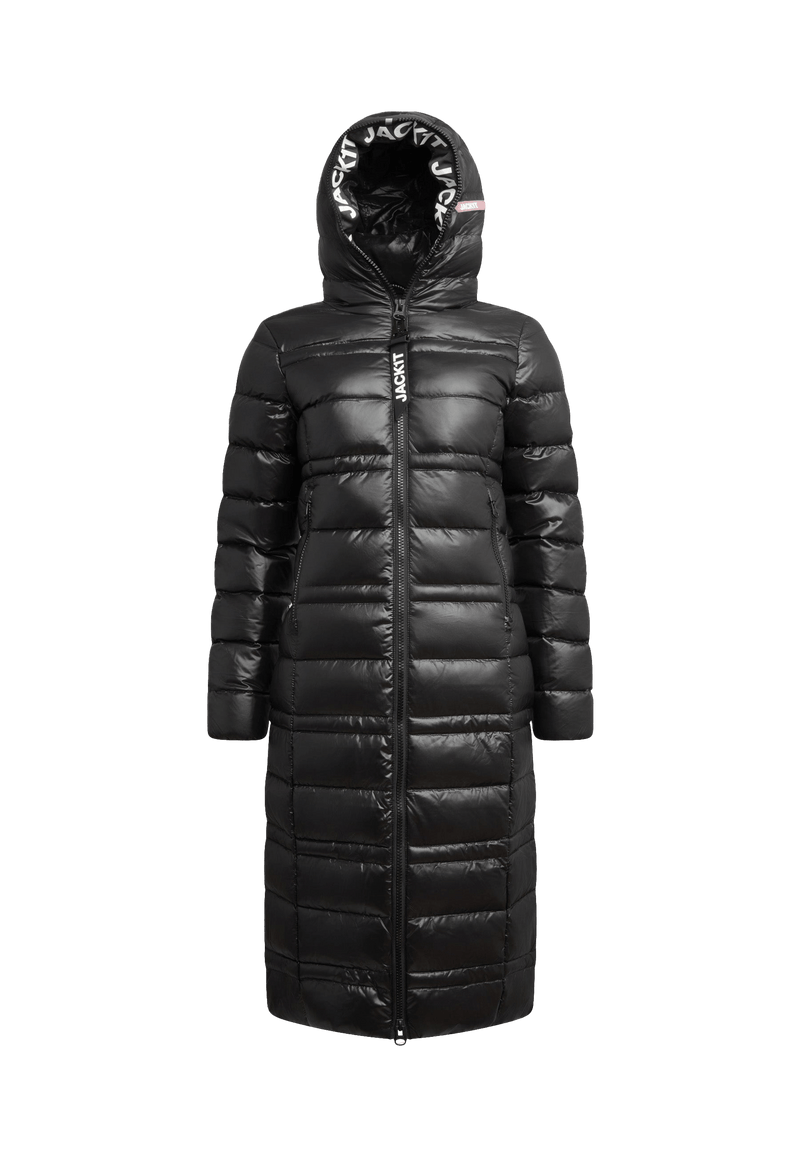 R4D Tramline Extra Long Down Coat Lux Black flat lay swatch
