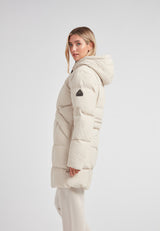 Black Star Puffer Down Coat Stone shown on model, featuring water-repellent shell and adjustable waist.