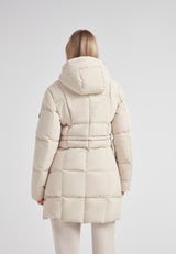 Back view of the Black Star Puffer Down Coat Stone showcasing its puffy design and adjustable waist.