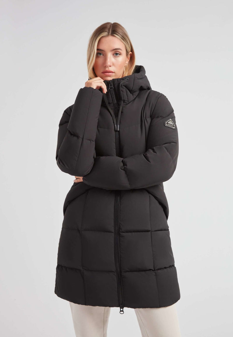Black Star Puffer Down Coat Black, stylish puffer coat in black with hood, ideal for winter warmth and minimalistic design.