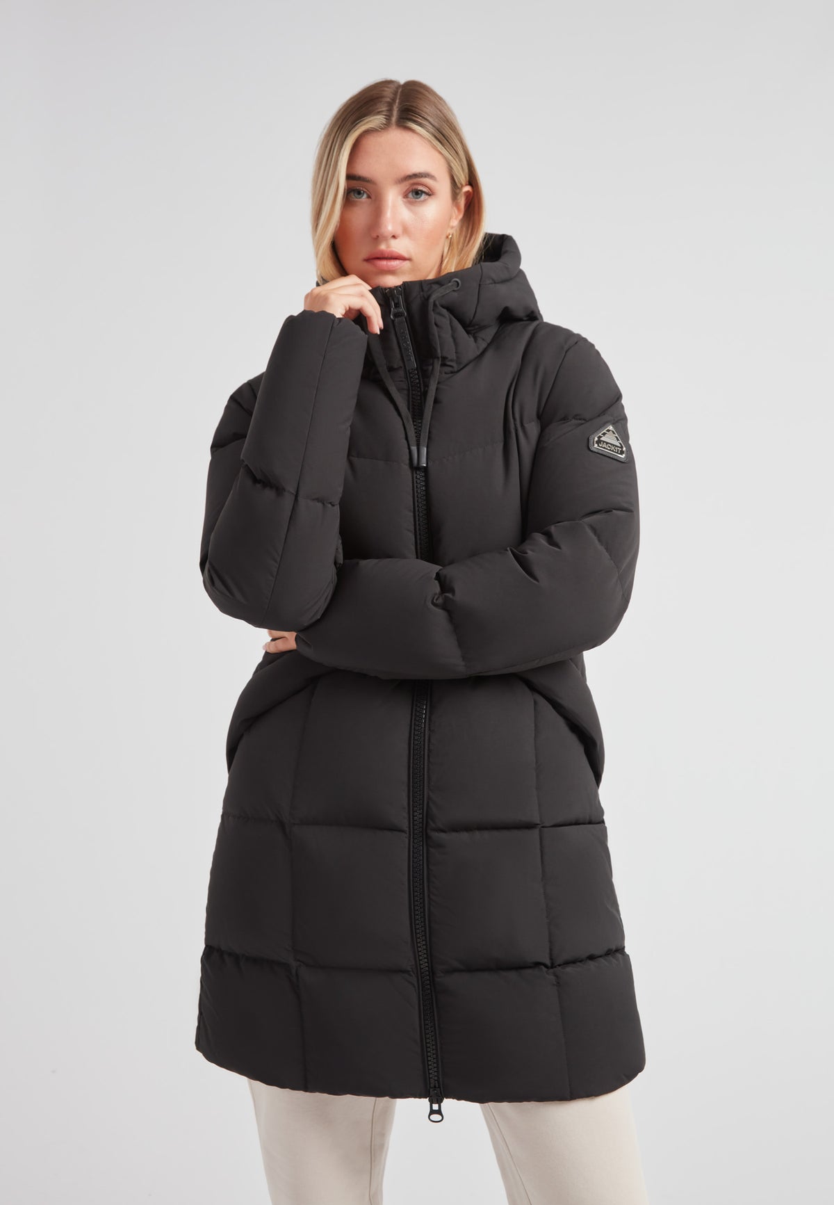 Black Star Puffer Down Coat Black, stylish puffer coat in black with hood, ideal for winter warmth and minimalistic design.