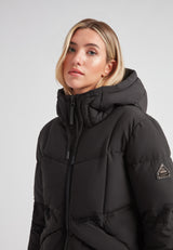 Black Star Puffer Down Coat Black, featuring a hood and sleek design, ideal for cold weather fashion.