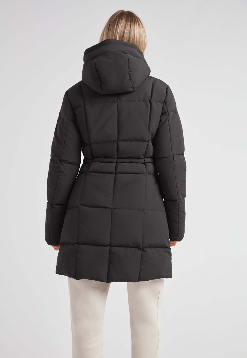 Back view of the Black Star Puffer Down Coat Black showcasing its quilted design and adjustable waist.