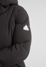 Black Star Puffer Down Coat Black showing sleeve detail and logo on matte black fabric.