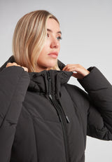 Model wearing the Black Star Puffer Down Coat Black, showcasing its sleek design and warm insulation.