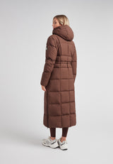Black Star Extra Long Down Coat Matt Mid Brown on a model, showcasing the back view and adjustable hood.