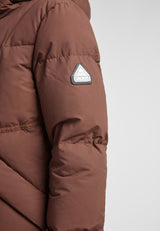 Black Star Extra Long Down Coat Matt Mid Brown close-up of sleeve detail with logo