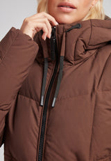 Close-up of the Black Star Extra Long Down Coat Matt Mid Brown featuring hood and zipper details.