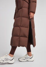 Black Star Extra Long Down Coat Matt Mid Brown with ankle-grazing cut and concealed zip pockets.