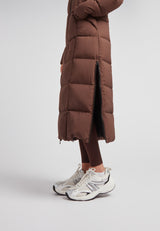Black Star Extra Long Down Coat Matt Mid Brown featuring a sleek silhouette and ankle-grazing cut.