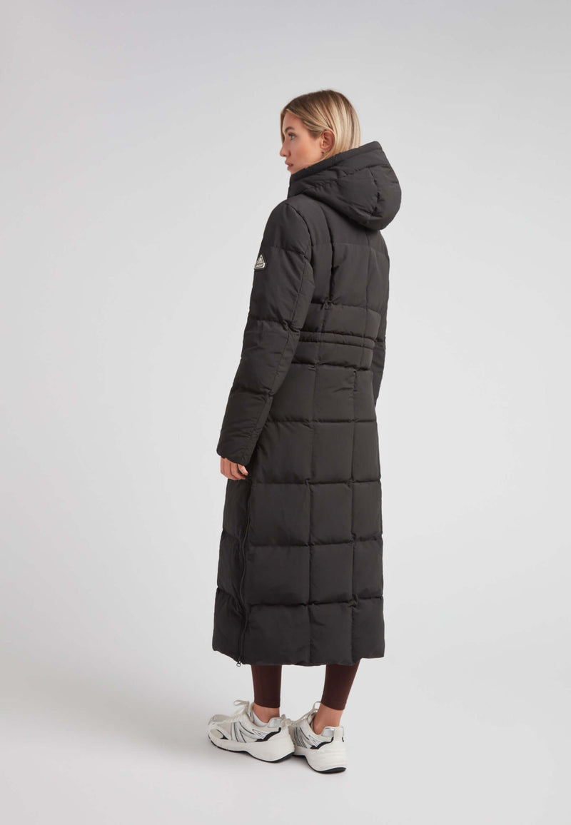 Black Star Extra Long Down Coat Matt Black on model, showcasing the back view with an adjustable hood.