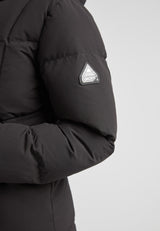 Detail of the Black Star Extra Long Down Coat Matt Black showcasing the arm area with logo.