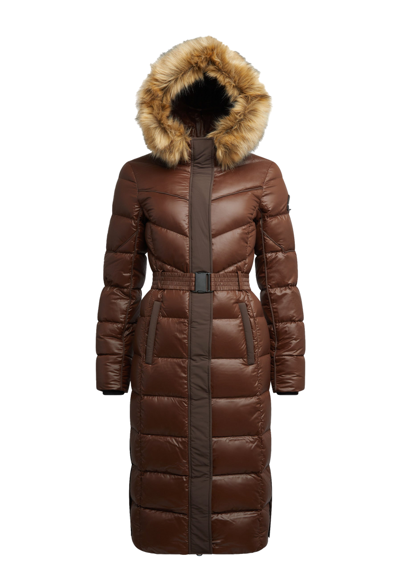 Diamond Belted Extra Long Down Coat Mid Brown Natural flat lay swatch
