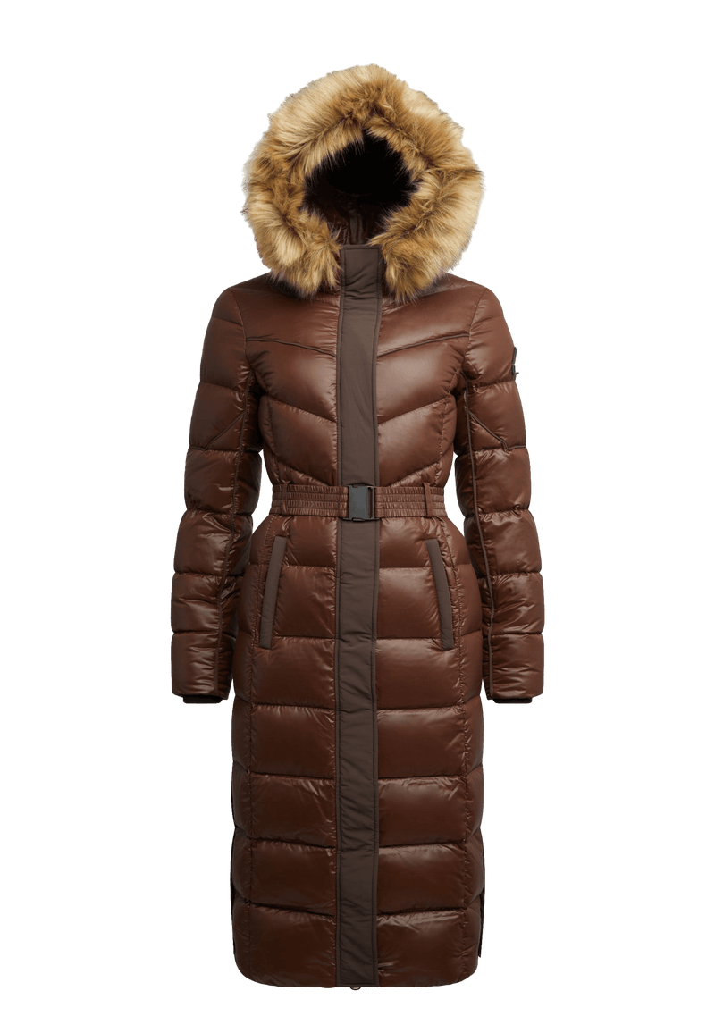 Diamond Belted Extra Long Down Coat Mid Brown Natural flat lay swatch