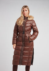 Diamond Belted Extra Long Down Coat Mid Brown Natural featuring faux fur hood and removable belt