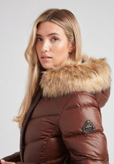 Diamond Belted Extra Long Down Coat Mid Brown Natural with faux fur hood detail.