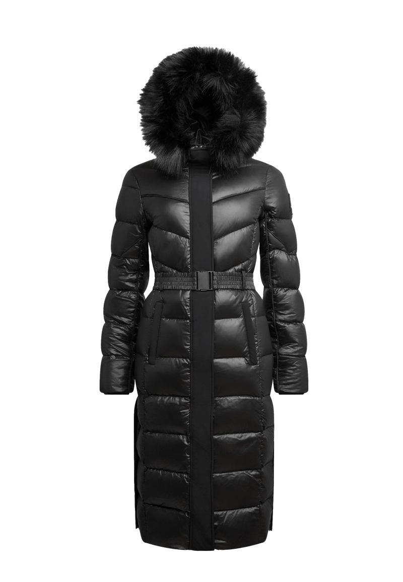 Diamond Belted Extra Long Down Coat Lux Black flat lay swatch