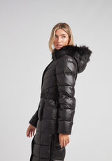 Diamond Belted Extra Long Down Coat Lux Black worn by model with faux fur hood and polished buckle.
